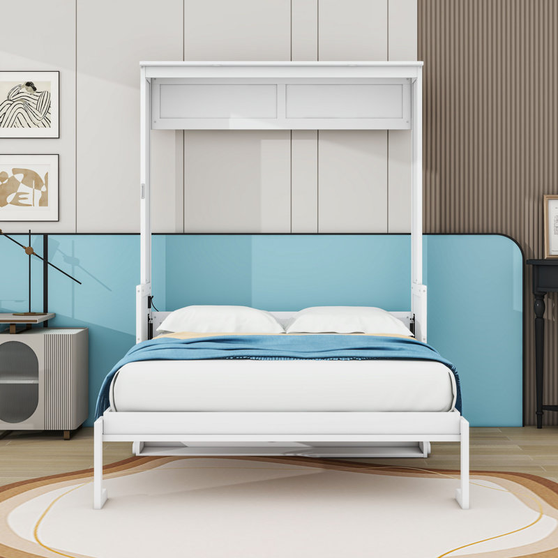 Grand lit escamotable avec bureau, lumières DEL et charge USB, Blanc