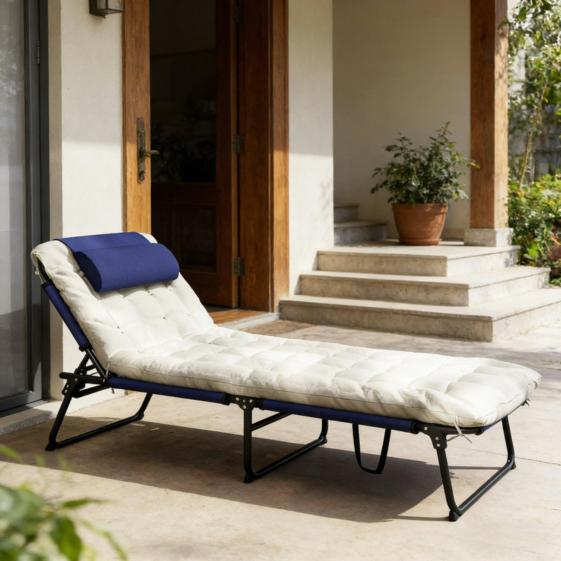 Chaise longue d'extérieur, chaise longue pliante, Blanc / Bleu