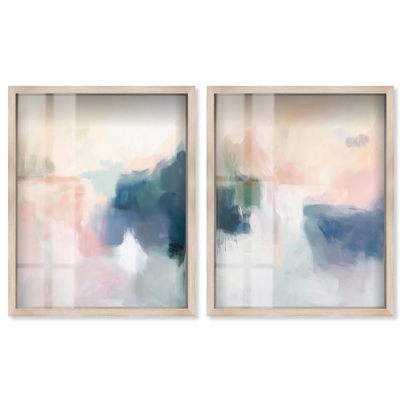 "Ethereal Aim", paire abstraite, ensemble d'œuvres murales abstraites par Art Remedy, cadre blond, 30 x 36, H 37 po x l 31 po