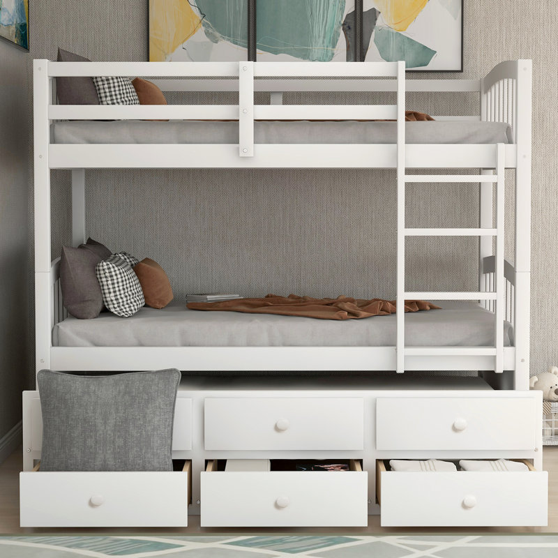 Lit simple superposé avec échelle, barrière de sécurité, lit gigogne simple avec 3 - 79,5 pouces x 42,4 pouces x 68 pouces - Bois massif - Lit superposé - Blanc - avec lit gigogne et échelle
