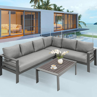 3-Pieces Outdoor All-Weather Conversation Set , Sectional Sofa,  Corner Sofas, Grey Aluminum With Dark Grey Cushions(Patio Sofa)