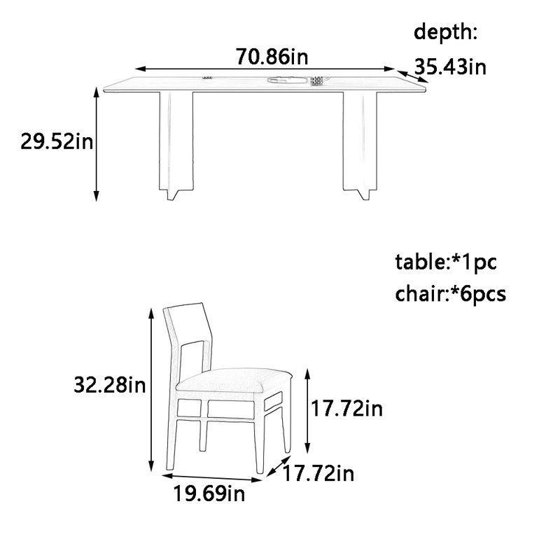 Ensemble de table de salle à manger et de chaises, H 29,52 po x L 70,86 po x l 35,43 po
