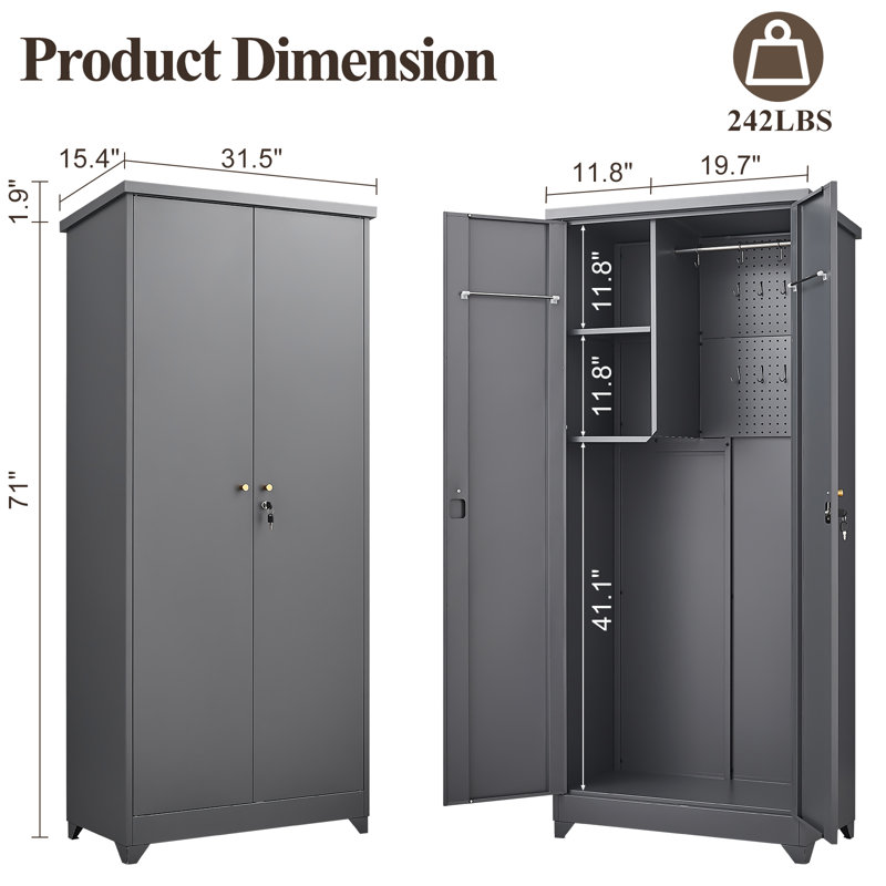 Outdoor Storage Cabinet,Vertical Tall Garden Storage Cabinet Waterproof With Shelves For Outside, Gray