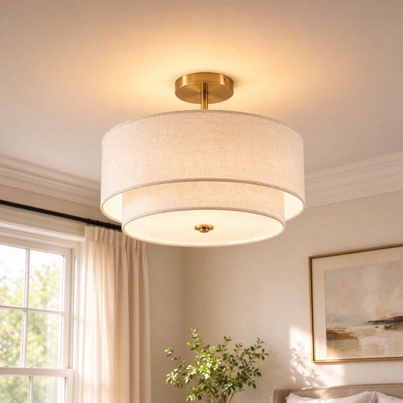 Plafonnier semi-encastré 3 lumières Boho Linen Drum, Doré