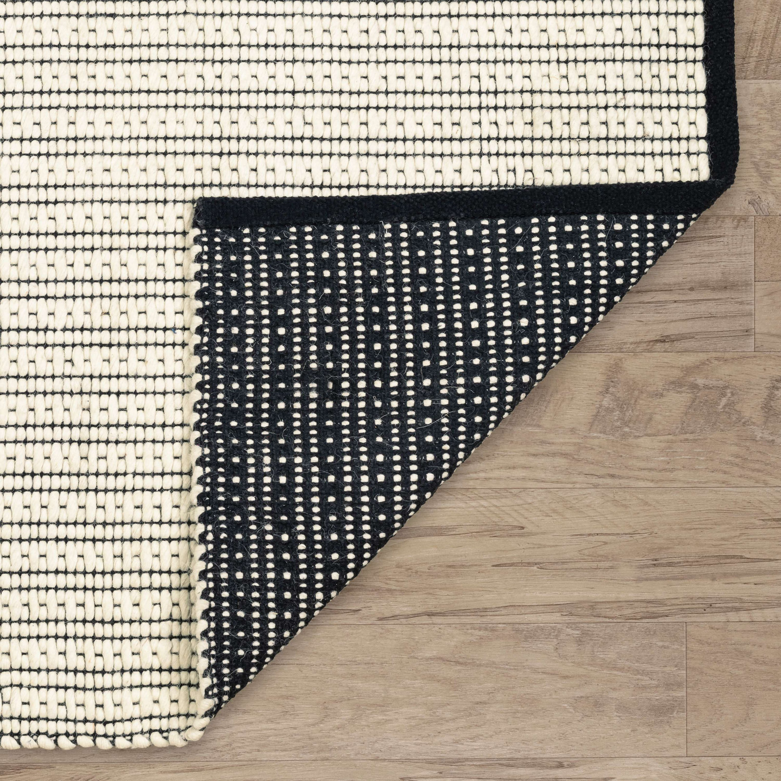 Ivory Black Hand-Woven Striped Wool Rug, Runner 2'6" x 8'