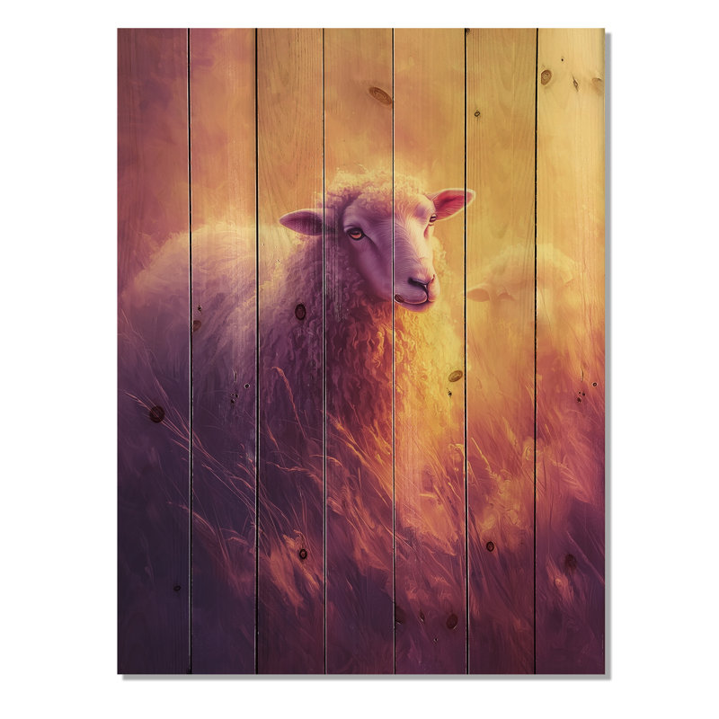 Lavande mouton au lever du soleil I - Décoration murale en bois de mouton - sur bois de pin naturel