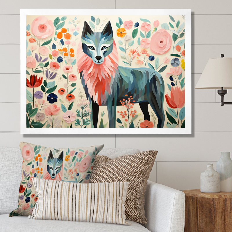 Rose et vert Boho Portrait VI - loup, art mural, Cadre d'angle fermé noir, H 34 po x l 44 po x P 1,5 po