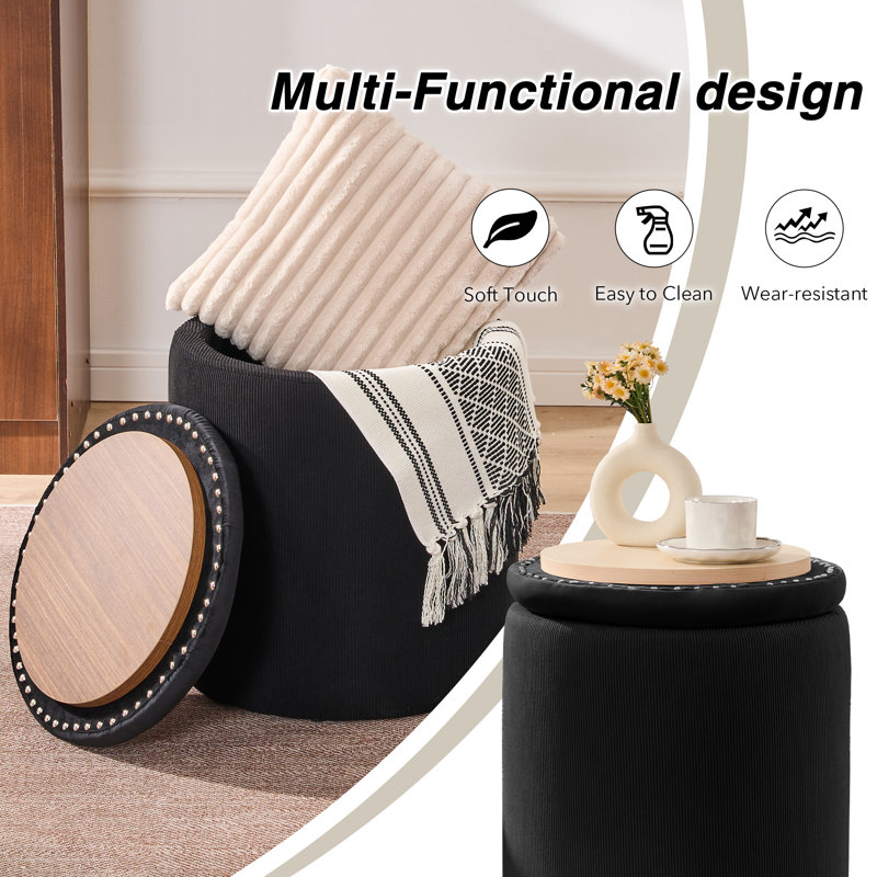 Round Ottoman With Storage Set Of 2, Black Velvet