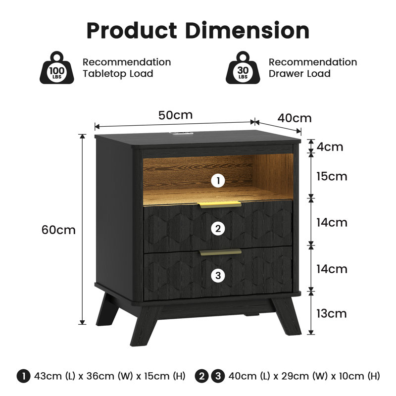 50cm W Manufactured Wood Bedside Table, Black