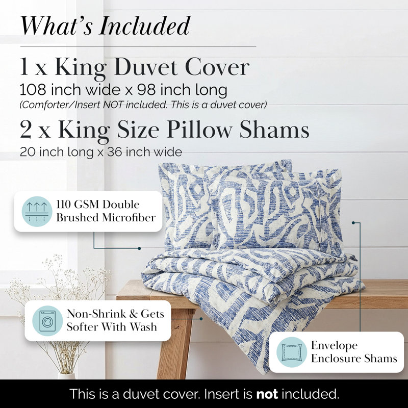 Khari Microfiber Duvet Cover Set, Blue, King Duvet Cover + 2 Shams