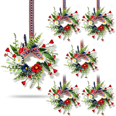 6 Pcs Mini Patriotic American Kitchen Cabinet Wreaths Small 4th of July Floral Swag Wreath for Front Door with Ribbon Daisy July Independence Day Hanging Wreath for Porch Wall Farmhouse Decor