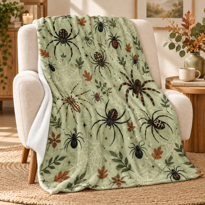 Sage Green Spider Pattern Flannel Throw Blanket, Botanical Web Print Soft Lightweight Blanket for Couch Sofa Bed, Nature Inspired Everyday Layer, 40 x 50 in