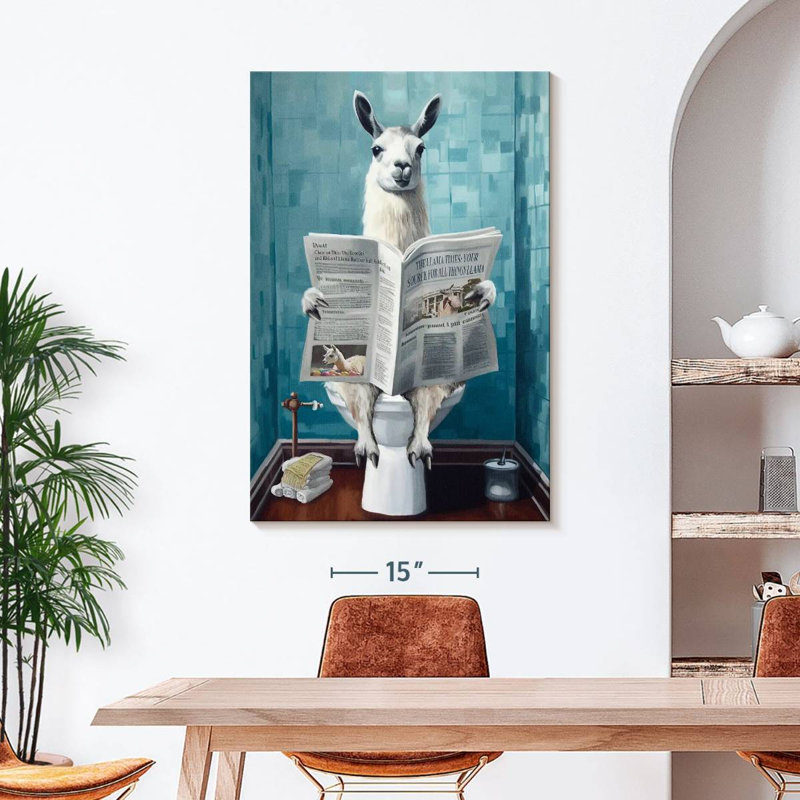 Lama sur une toilette sur toile, H 45 po x l 30 po x P 1,25 po