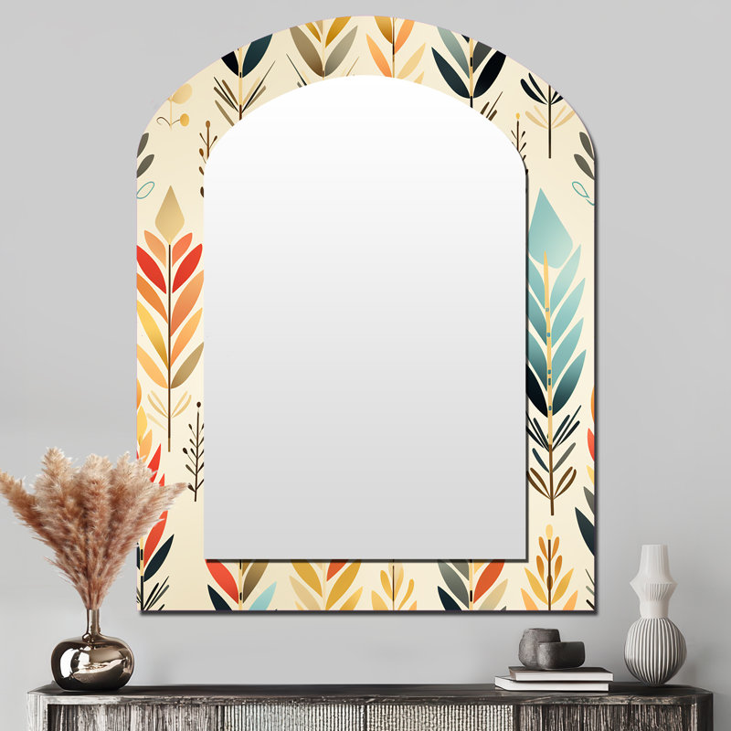 Ivory Boho Accents - Chevron Arch Mirror, Beige Asymmetrical Decorative Wall Mirror, Printed Metal Art, 43" x 33"