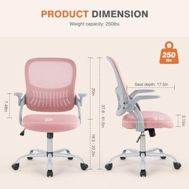 Fauteuil de direction de bureau à domicile, fauteuil ergonomique pivotant à dossier moyen en filet avec accoudoirs rabattables, soutien lombaire confortable, accoudoirs confortables pour chambre à coucher, bureau, étudiant