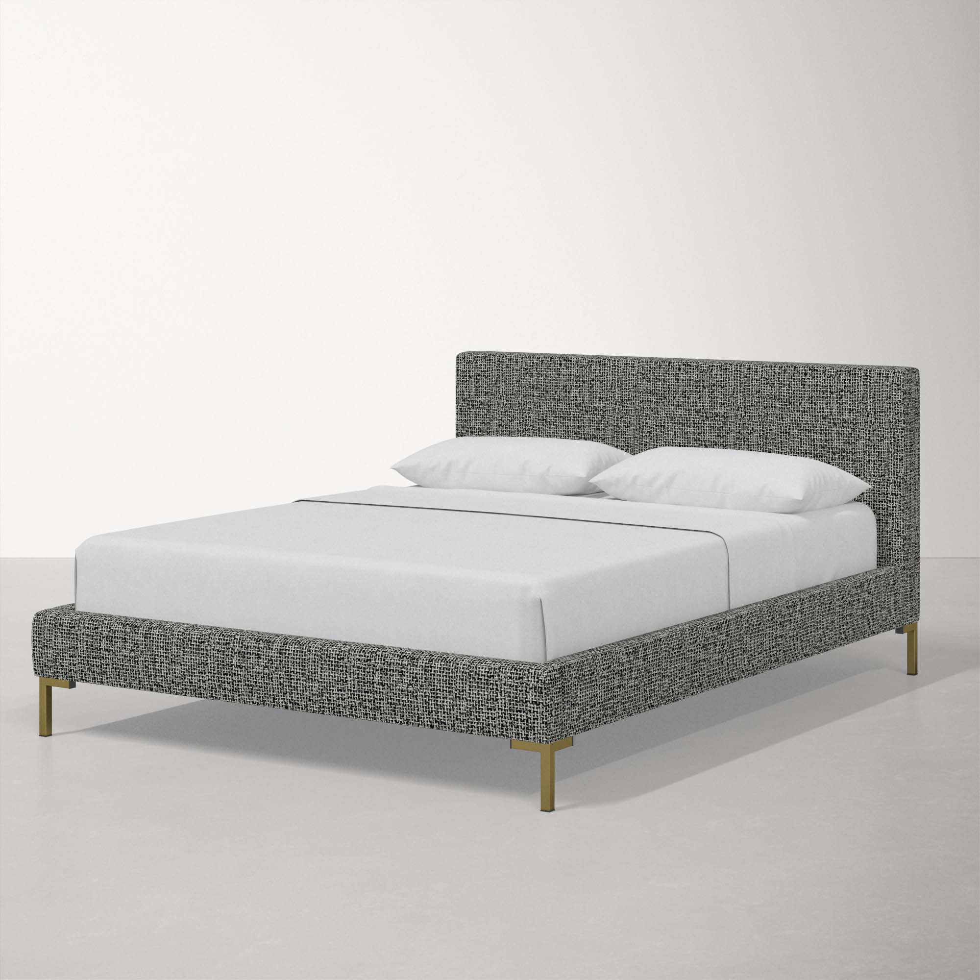 Rand Upholstered Bed, Queen, Brass, Modern Pepper Tweed