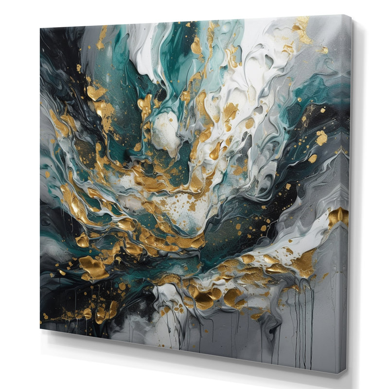 Encre sarcelle dorée sur pierre - décoration murale abstraite, H 36 po x l 36 po x P 1,5 po, Toile tendue