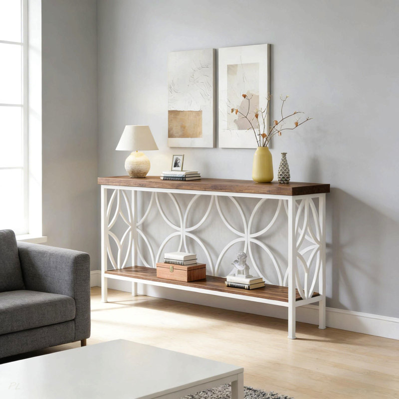 Table basse élégante, canapé de style nordique, console à 2 niveaux, Brun rustique / Blanc