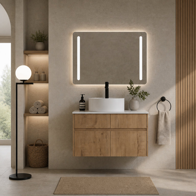 Meuble-lavabo mural 32 po avec lavabo d'art en céramique, 2 portes à fermeture douce et 1 tiroir