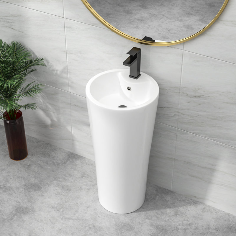 32 1/2" H White Ceramic Circular Freestanding Pedestal Bathroom Sink Lavatory with Overflow