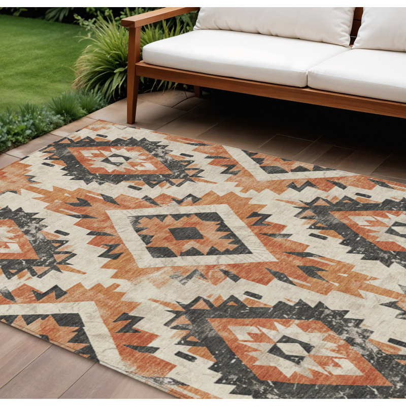 Tapis intérieur/extérieur lavable, 2,74 m x 3,66 m, motif aztèque terre cuite et gris.