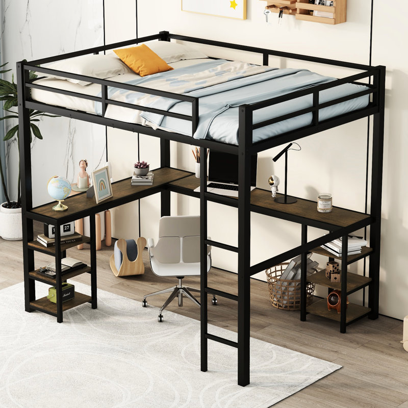 Lit mezzanine double en métal avec bureau et support à suspendre