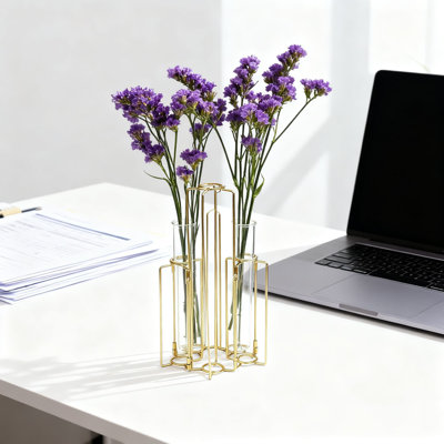 Hinged Bud Vase Stand With Glass Test Tube Vases, Modern Floral Display Centerpiece For Tabletop And Mantle Decor