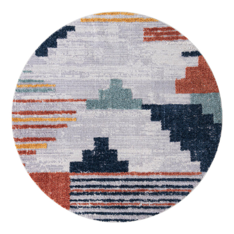 Polypropylène tissé à la machine Kinde Southwestern intérieur / extérieur gris, Rond 7 pi