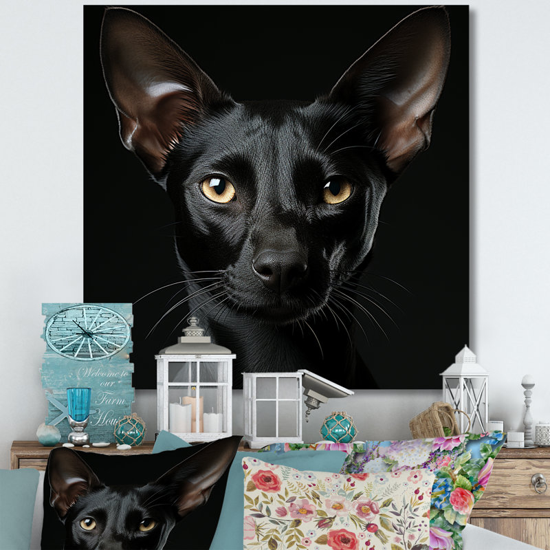 Oriental Elegance Black Cat Portrait - reproduction d'art sur toile, H 16 po x l 16 po x P 1 po, Toile tendue