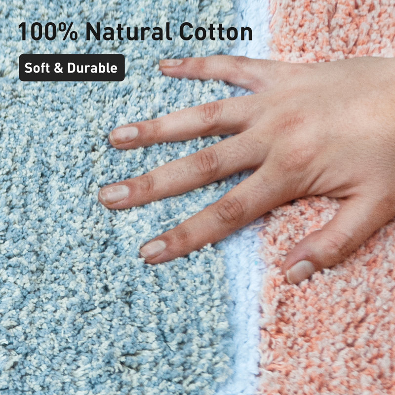 Cervantes 100% Cotton Non-Slip Bath Rug, Gray/Blush, 21''x34''/17''x24''