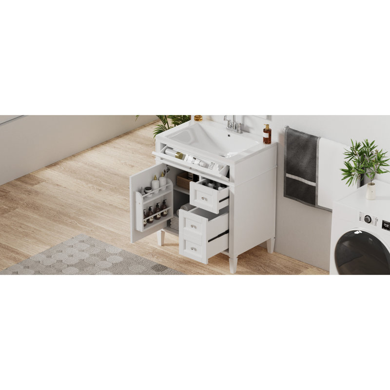 Meuble-lavabo de 30 po avec lavabo simple, 3 tiroirs, style moderne et fonctionnel, armoire polyvalente, assemblage sans effort, bois massif blanc + 2 tiroirs supérieurs, organisateur de porte d'armoire,