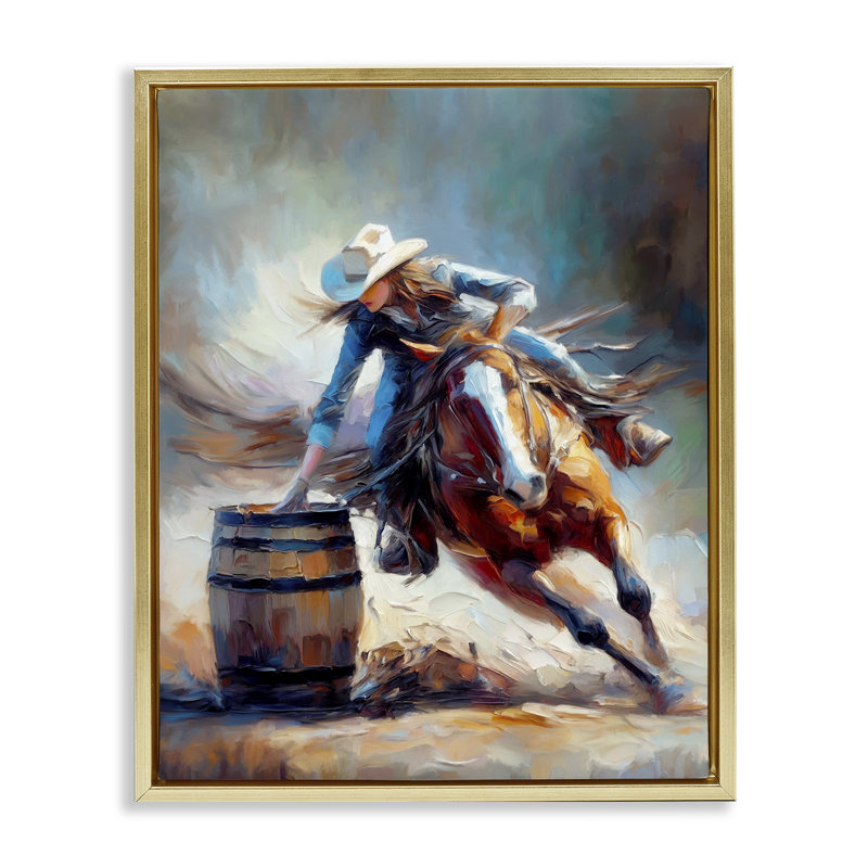 «Barrel Racer Cowgirl», art mural encadré par Ramona Murdock, Cadre flottant métallique doré, H 21 po x l 17 po