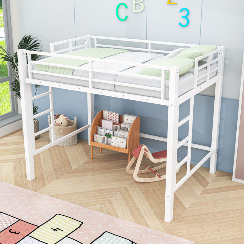Metal Loft Bed with Guardrails, Full