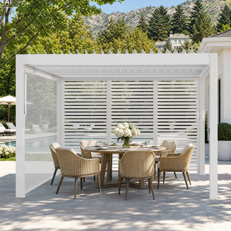 Aurora Pergola à persiennes double couche de 10 pi, système de gouttière intégrée et prise de courant USB, grille extérieure horizontale et écran à roulettes