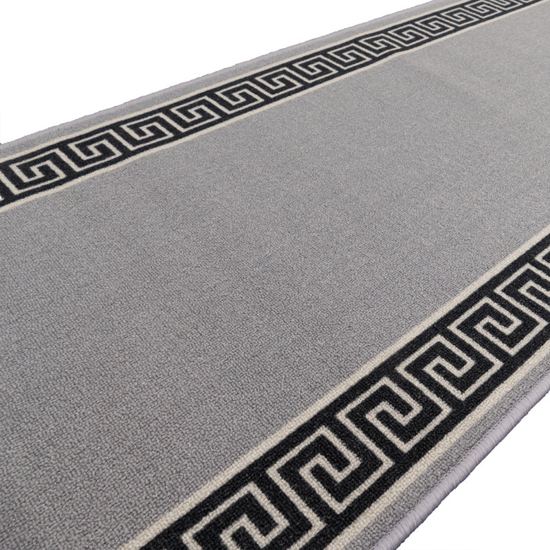 Custom Size Anti-Slip Machine Washable Low Profile Loop Pile Greek Key Border Gray Runner Rugs by Feet, Runner 1'10" x 32'