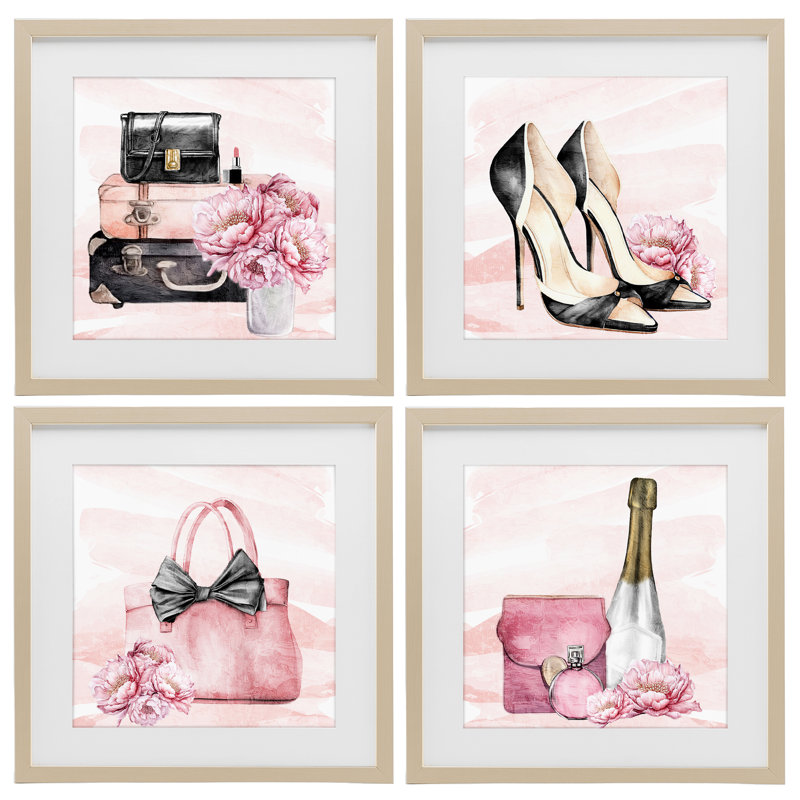 Glam Time Accessoires, ensemble de 4 impressions sous verre encadrées, design par Kim Allen, H 16 po x l 16 po