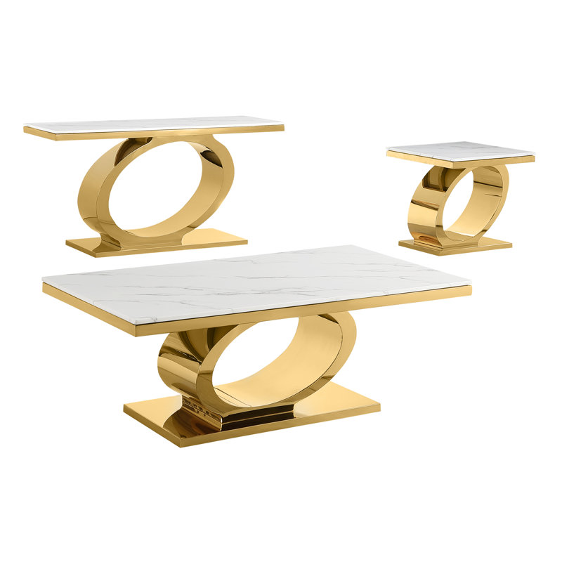 Luxurious White Marble and Gold Stainless Steel 3-Piece Coffee Table Set