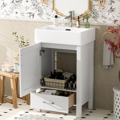 Meuble-lavabo de 19,91 po avec lavabo en céramique, construction en bois massif, tiroir peu encombrant et cadre ouvert à l'arrière pour installation facile, espace de rangement organisé, portes à fermeture en douceur