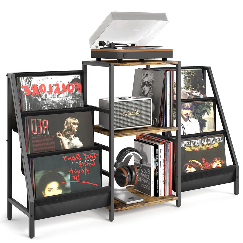Large Capacity Black Vinyl Record Player Stand With Double Storage And Display Shelves