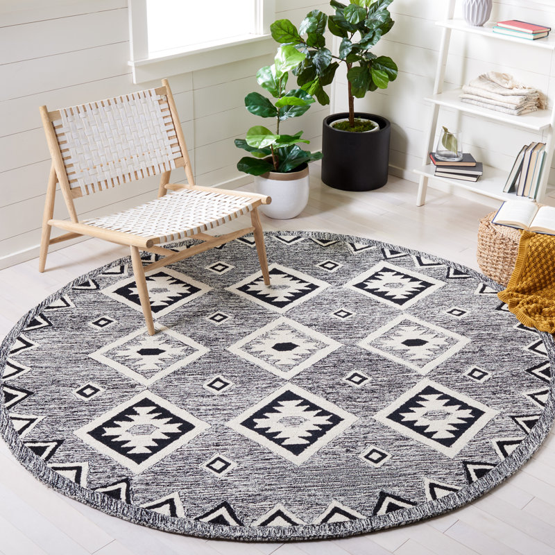 Arne Southwestern Handmade Tufted Wool Black/Gray Area Rug, Round 3'