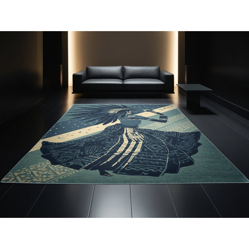 Soft Plush Dupras Tribal Dancer Warrior Bohemian Block Print Area Rug in Green – SkyBlue Binding, 7x9