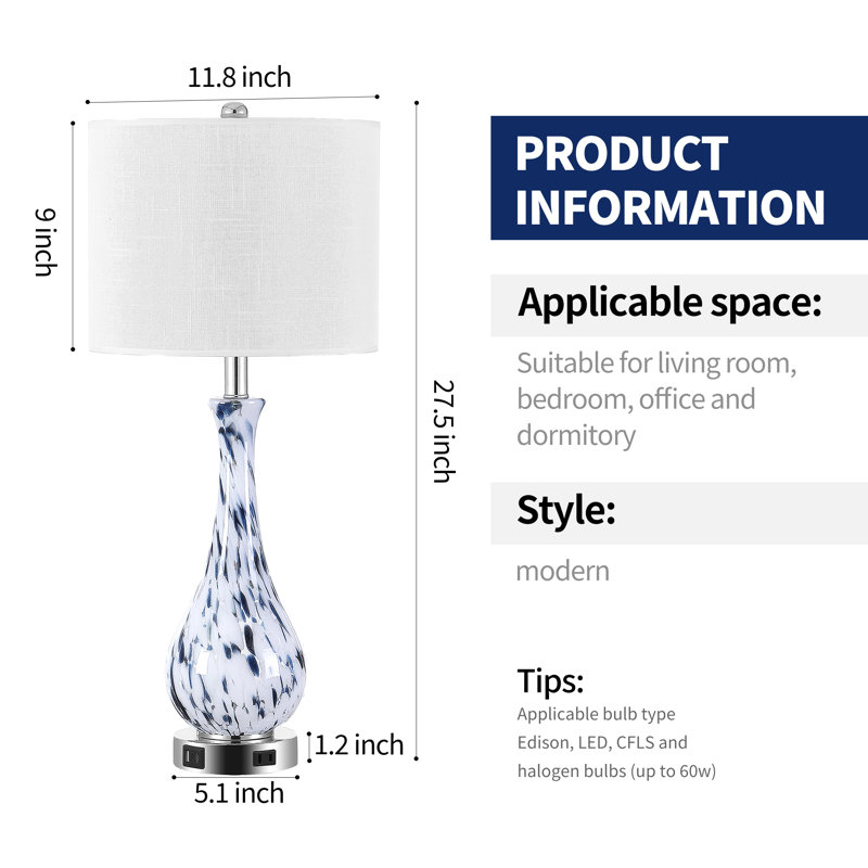 Darrius 27.5" Blue Glass Table Lamp with USB Type-C Ports and Built-in Outlet