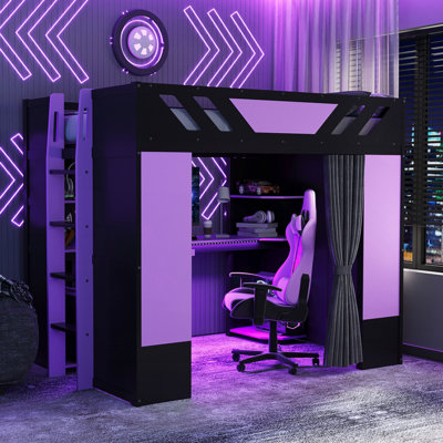 Wood Loft Bed With,Shelves,Blackout Curtains,And RGB Lights