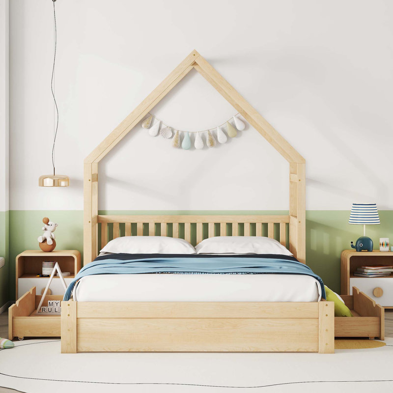 Grand lit plateforme en bois avec garde-corps et 2 tiroirs, Naturel