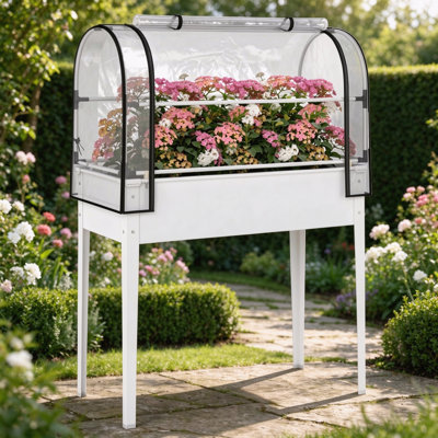Jardinière surélevée en métal blanc, 100 cm (L) x 49 cm (P) x 136 cm (H), avec couvercle de serre rabattable et trou de drainage. Parfait pour les légumes, les herbes aromatiques et les fleurs.