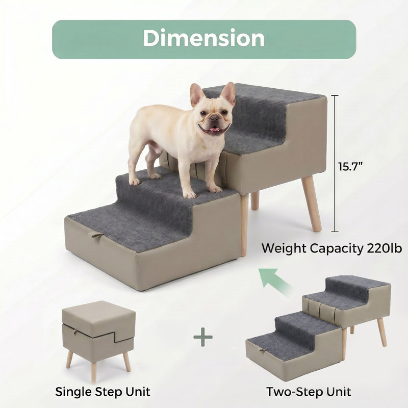 H 15,6 po H 2 en 1 pliable en bois pour chien avec escalier et repose-pieds antidérapant pour canapé, lit et véhicule - Gris clair