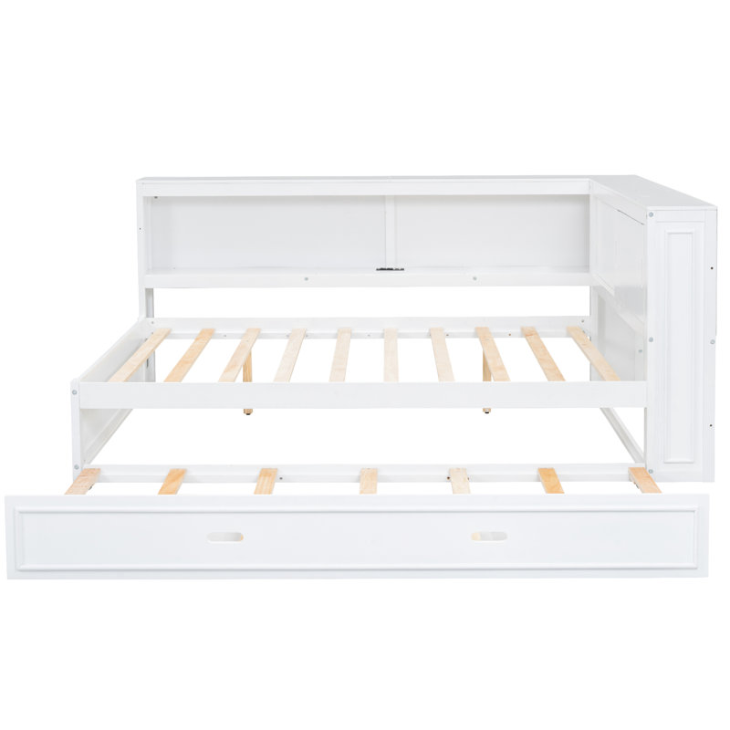 Lit de jour en bois pleine grandeur avec espaces de rangement pratiques, prise, bande à DEL et lit gigogne - Rangement de mobilier fonctionnel et confortable pour chambre à coucher, à DEL, en blanc, un ajout polyvalent à votre maison