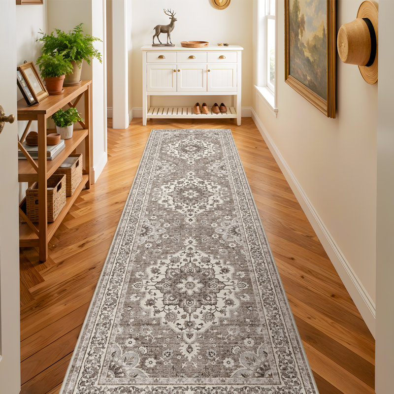 Tapis de couloir oriental 3 x 10 lavable - Tapis pour le salon Tapis doux pour la cuisine de la chambre à coucher Tapis de sol imperméable à l'eau à motif floral patiné et résistant aux taches