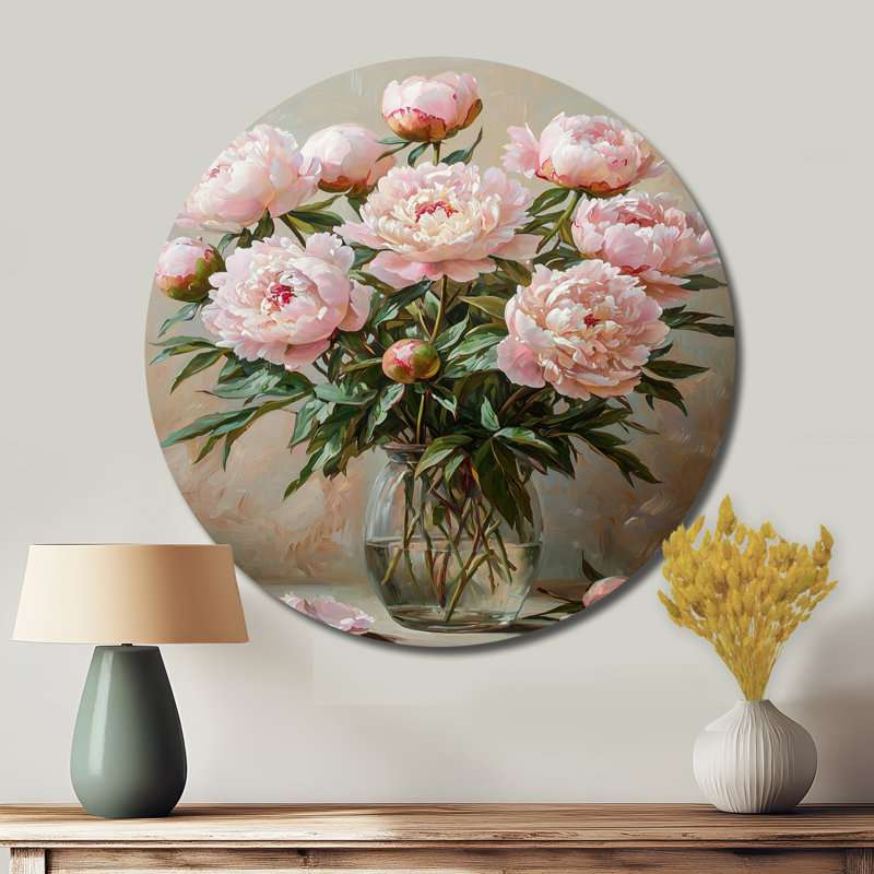 Kaloyan - pivoines, art mural rond en métal, H 16 po x l 16 po