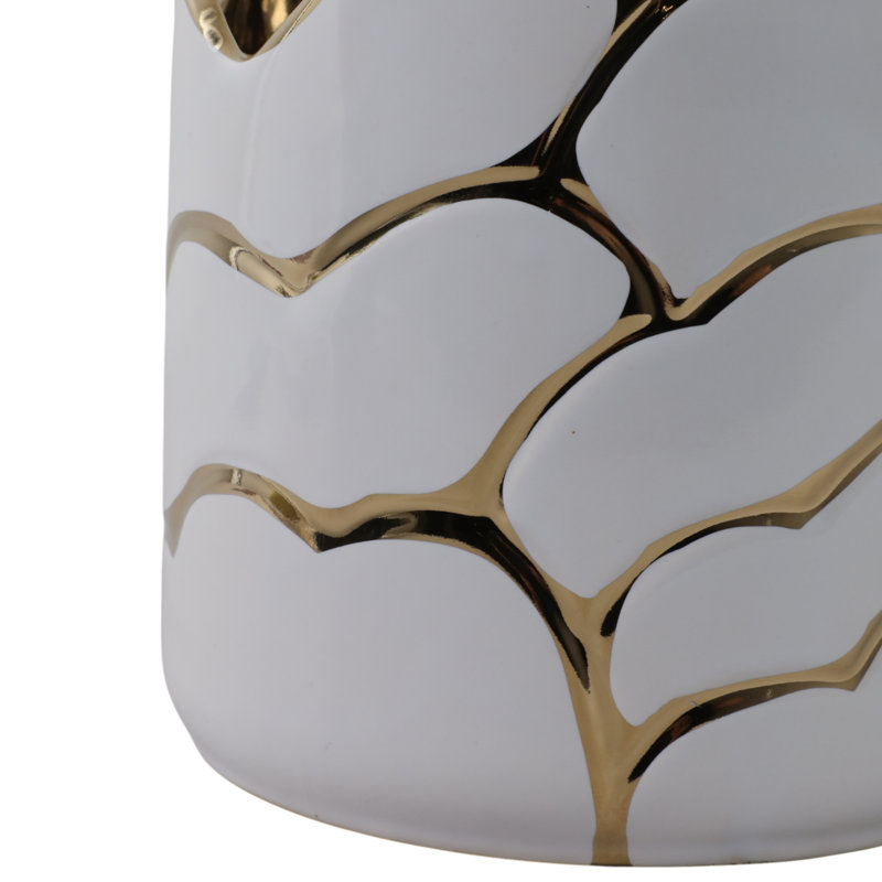 Ceramic Planters With Wavy Rim And Embossed Metallic Detailing For A Modern Aesthetic, Set Of 2, White